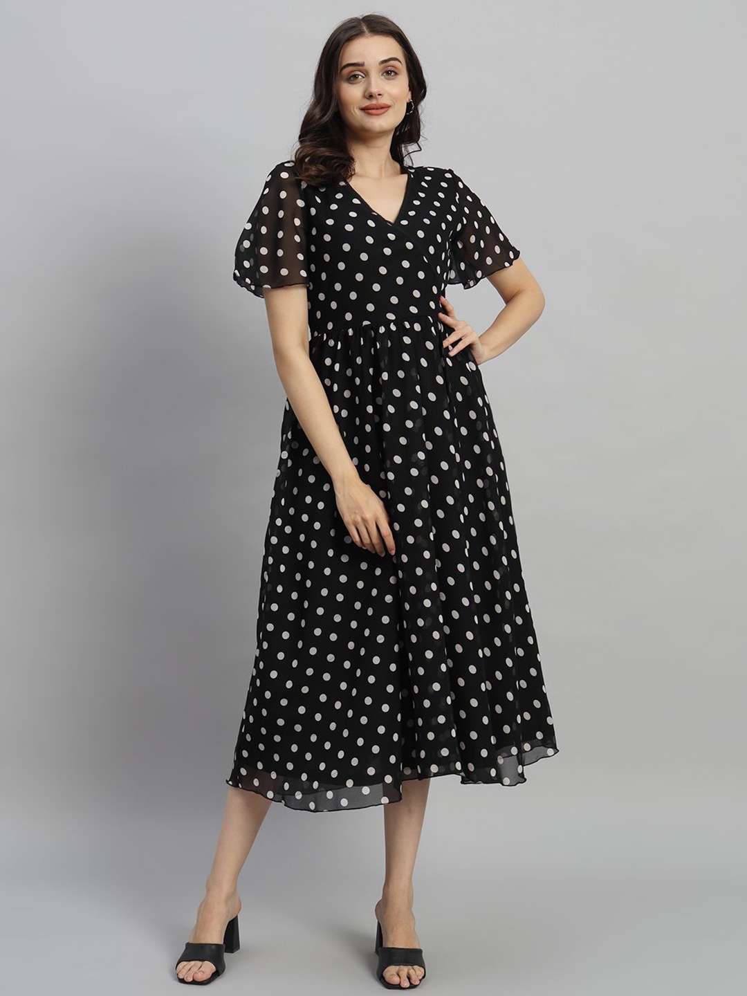 

Curvydrobe Polka Dot Printed Fit & Flare Midi Dress, Black