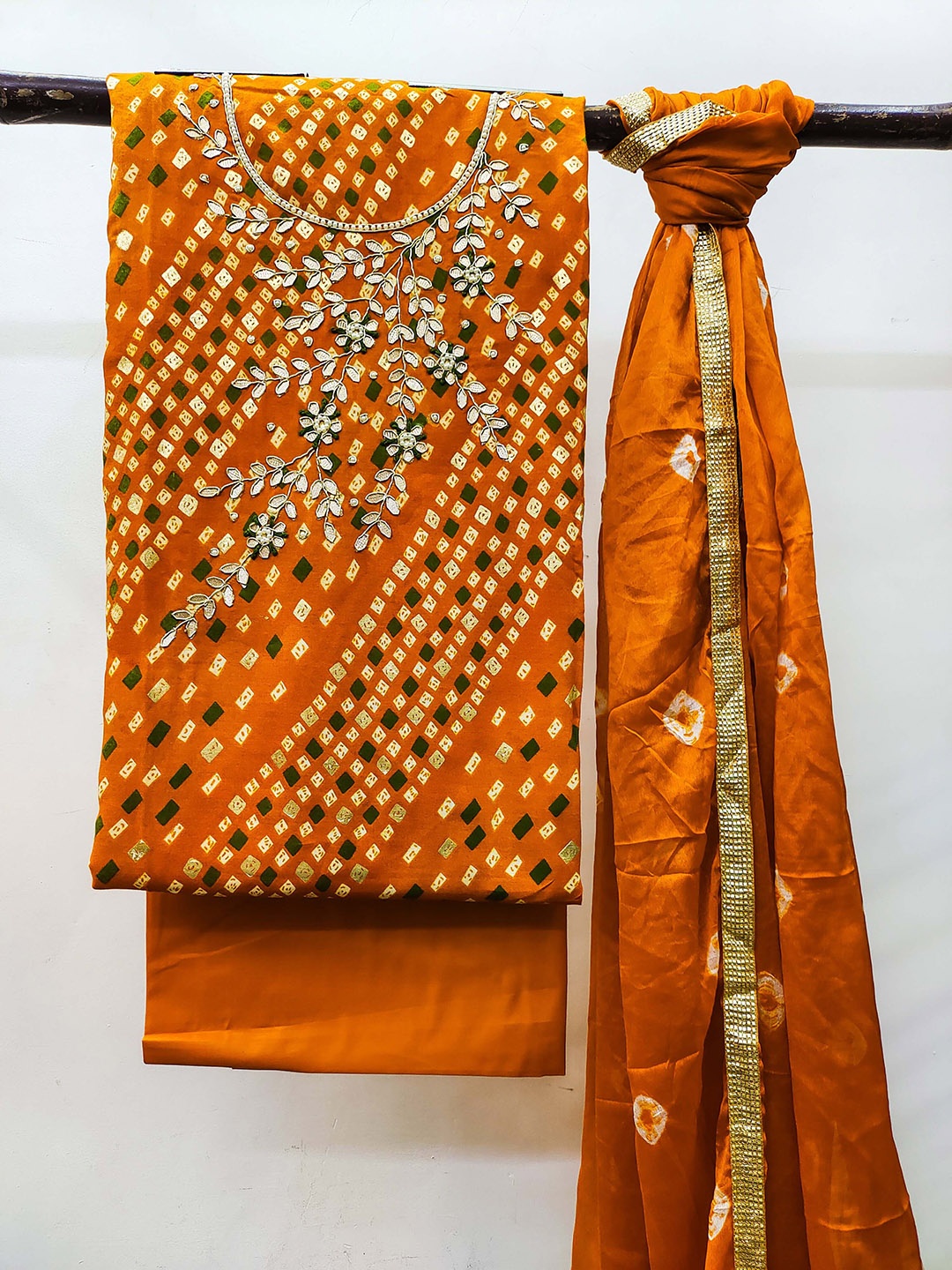 

KIMISHA Bandhani Beads & Stones Embellished Unstitched Dress Material, Orange