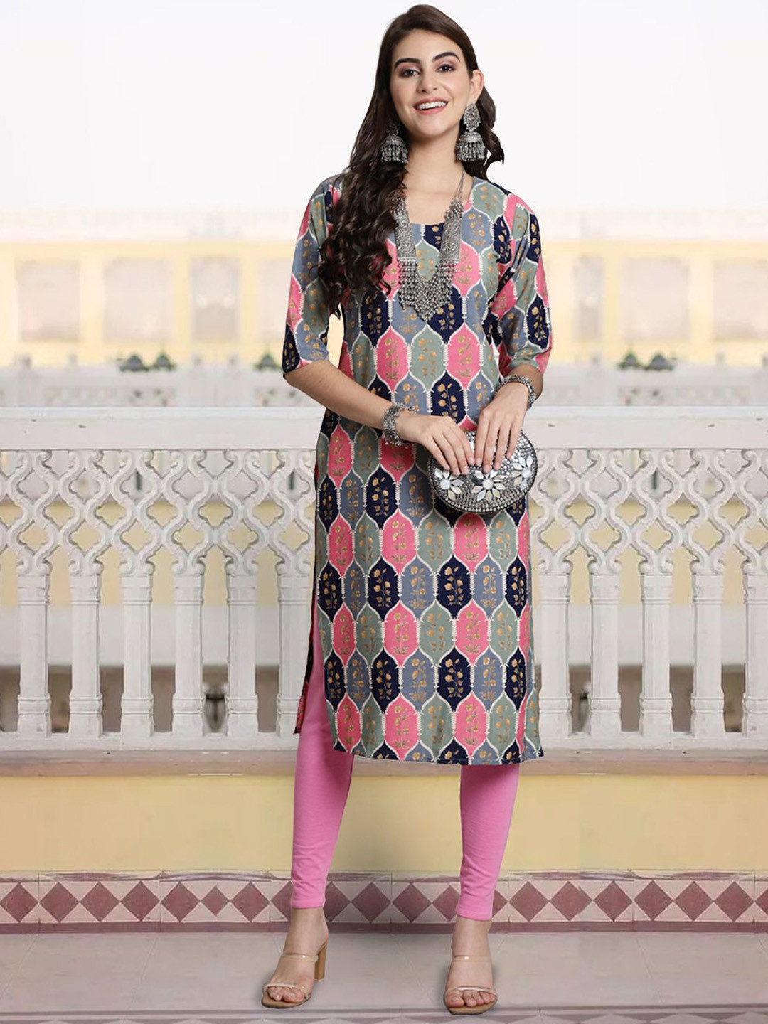 

7Threads Geometric Printed Round Neck Crepe Straight Kurta, Pink