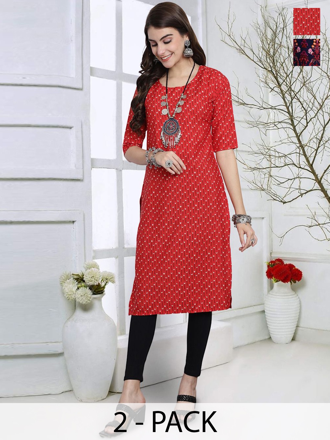 

7Threads Pack Of 2 Round Neck Printed Straight Kurta, Red