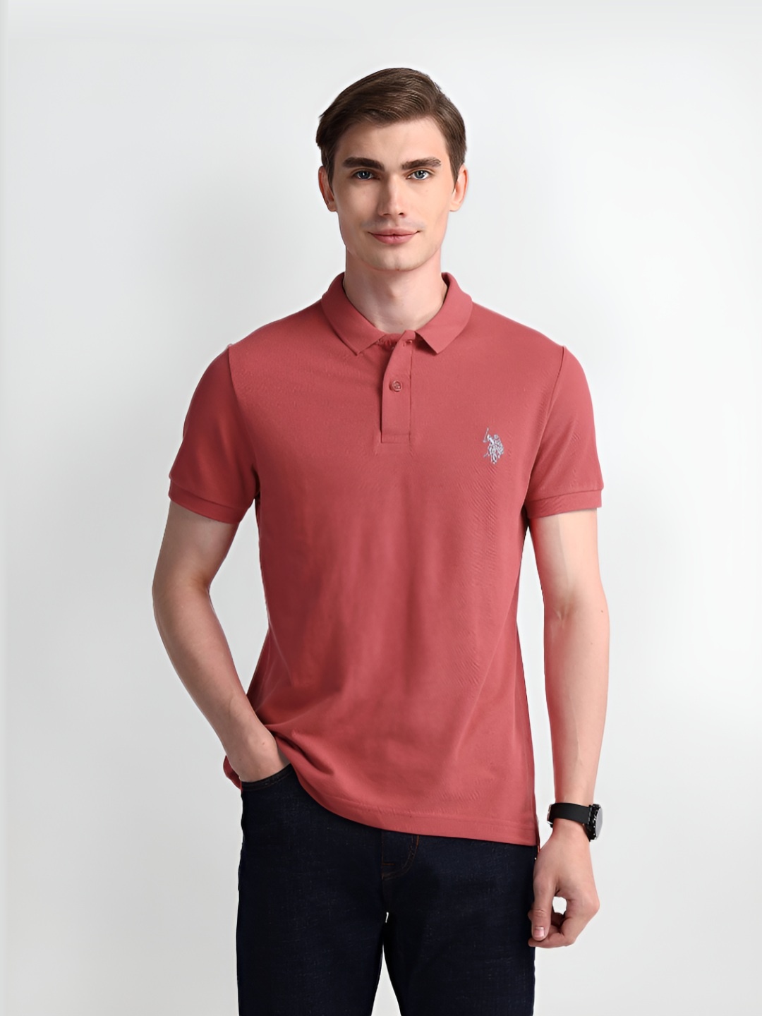 

U.S. Polo Assn. Men Solid Polo Collar Cotton Slim Fit T-Shirt, Pink