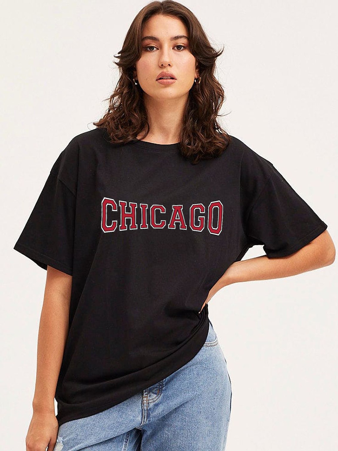 

Genzy Women Typography Printed Drop-Shoulder Sleeves Oversized T-shirt, Black