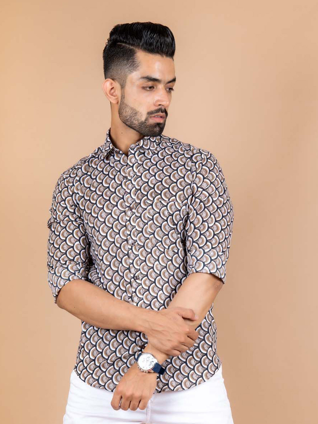 

Tistabene Men Standard Spread Collar Abstract Printed Cotton Casual Shirt, Brown