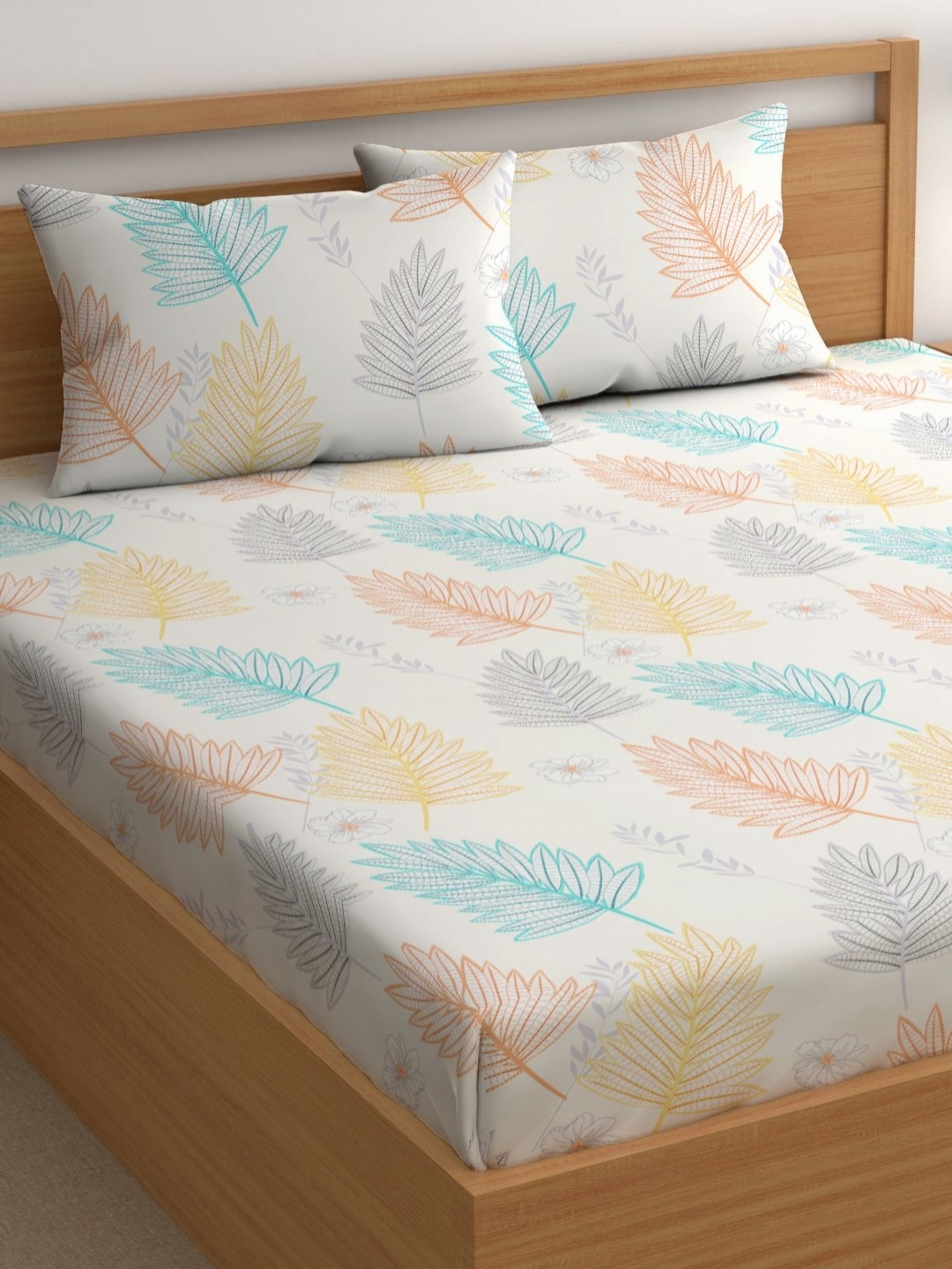 

CHHAVI INDIA White & Yellow Floral 210 TC Queen Bedsheet With 2 Pillow Covers