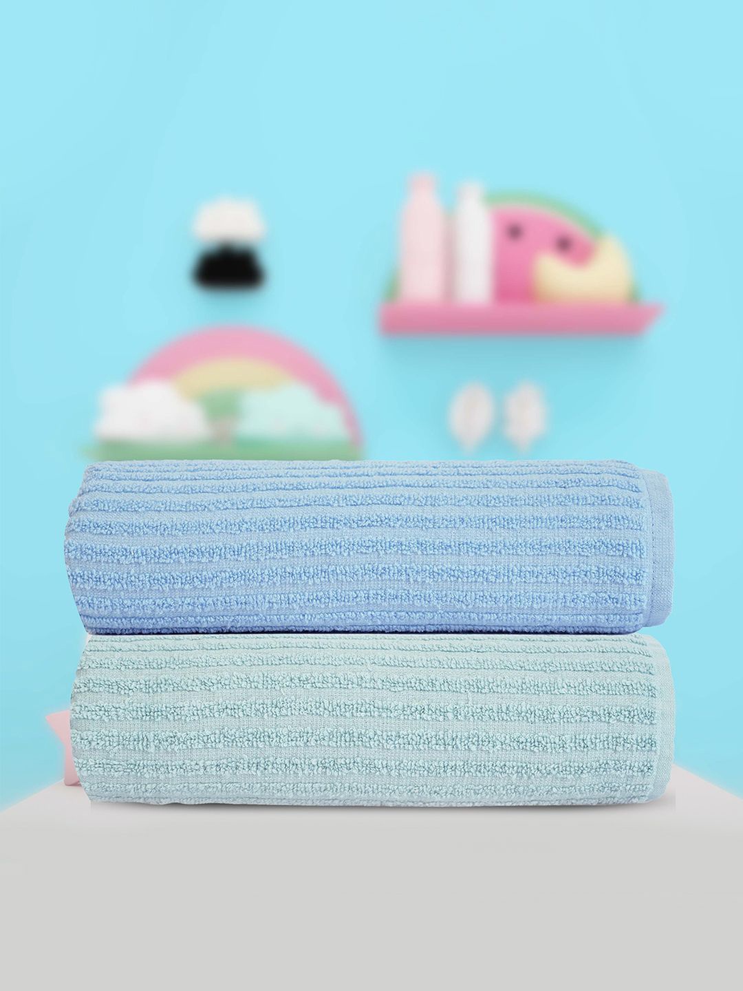 

haus & kinder Blue & Green 2 Pieces Striped Pure Cotton 550 GSM Bath Towels