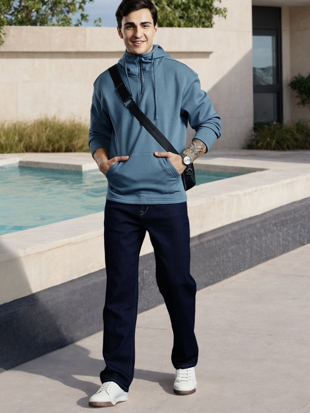 

Mast & Harbour Drop Shoulder Sleeves Hooded Sweatshirt, Blue