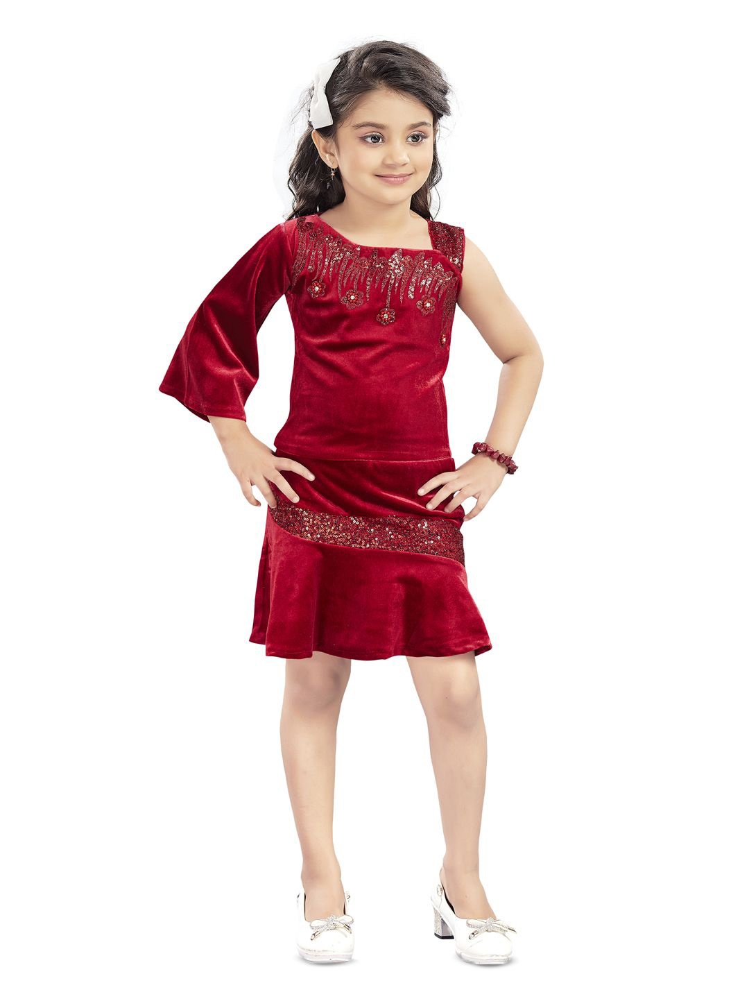 

Lei-Chie Girls Embellished Top with Skirt, Maroon