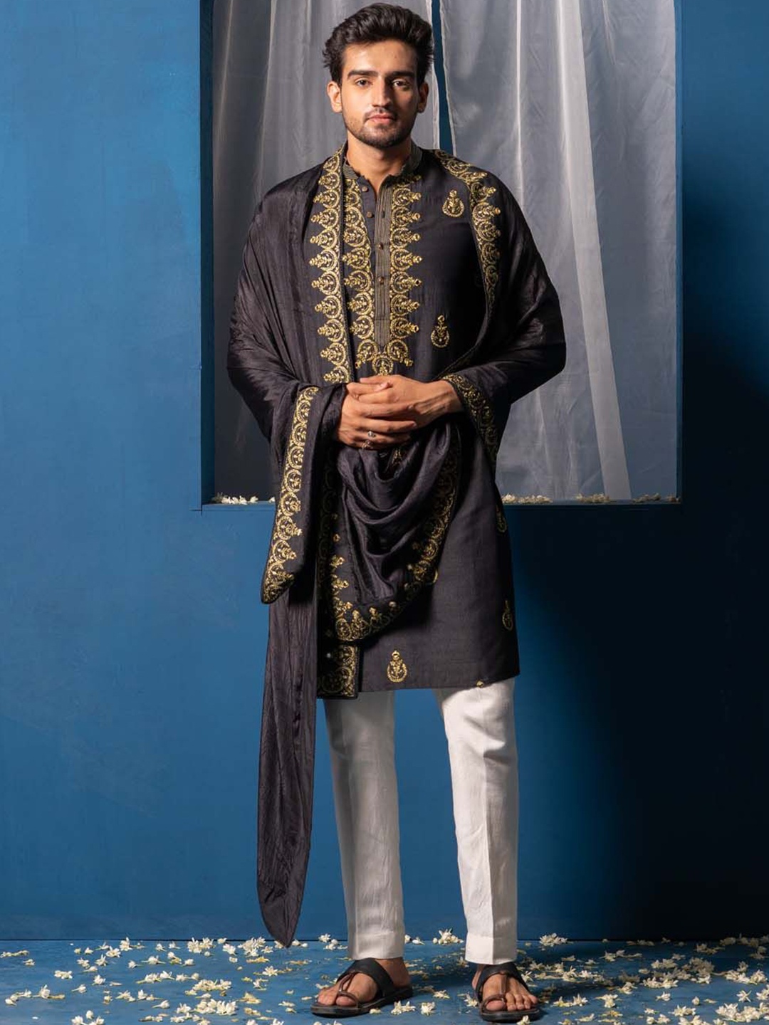 

Ayush Jain Ethnic Motifs Embroidered Mirror Work Cotton Silk Straight Kurta, Black