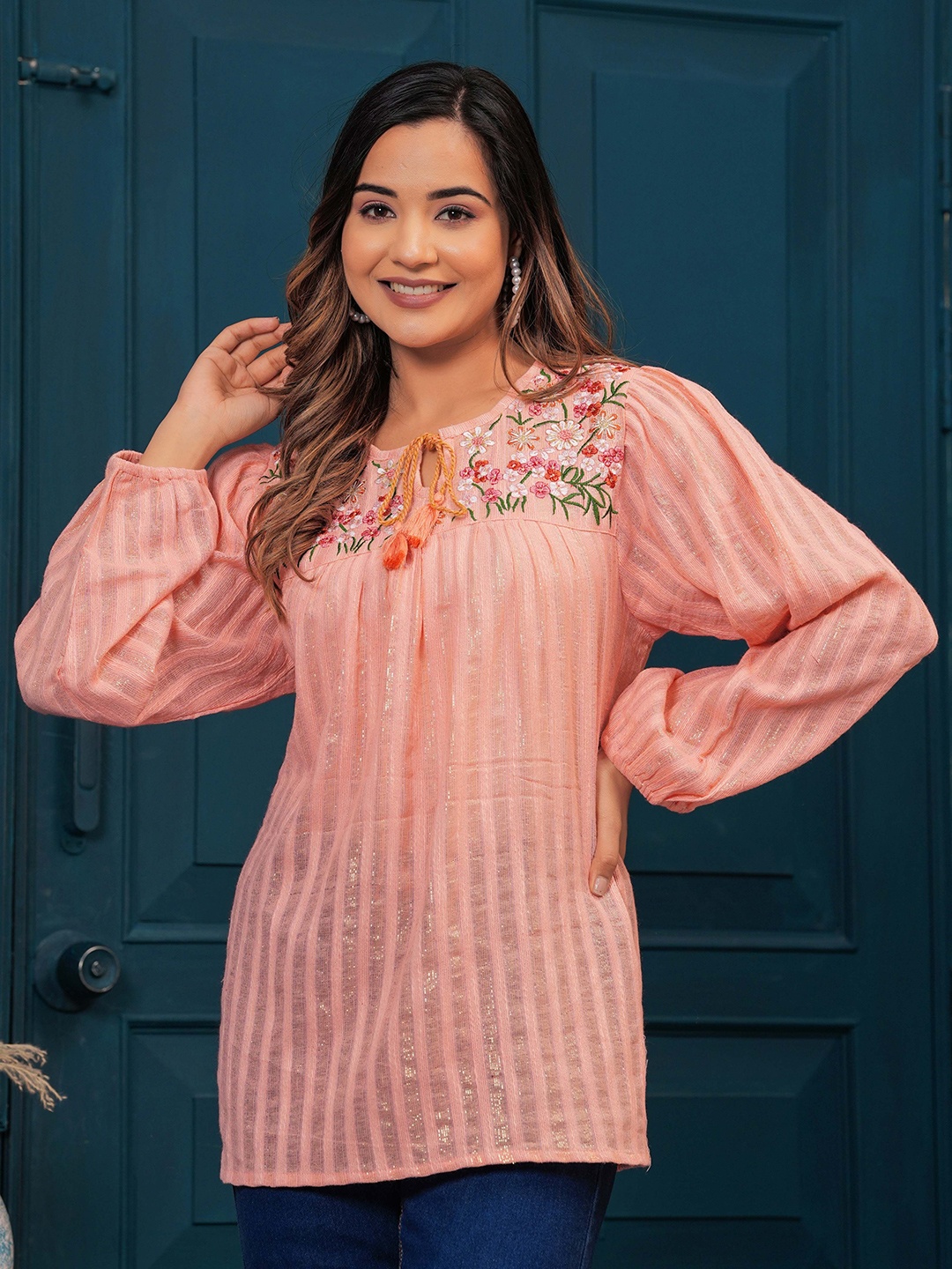 

TANESHWAR Women Floral Printed Embroidered Tie-Up Neck Cotton Top, Peach