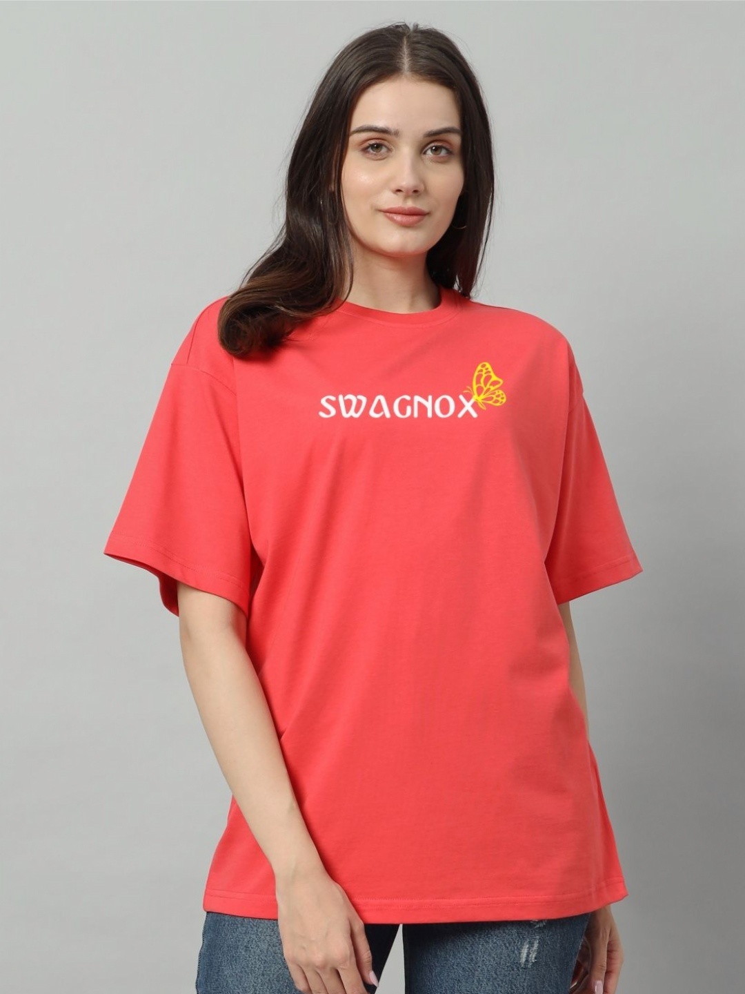 

SWAGNOX Women Typography Printed Round Neck Cotton Oversized T-Shirt, Red