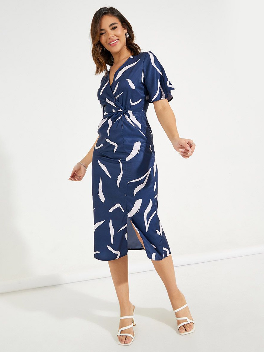 

StyliPrinted Mock Wrap Midi Dress with Flutter Sleeves, Navy blue