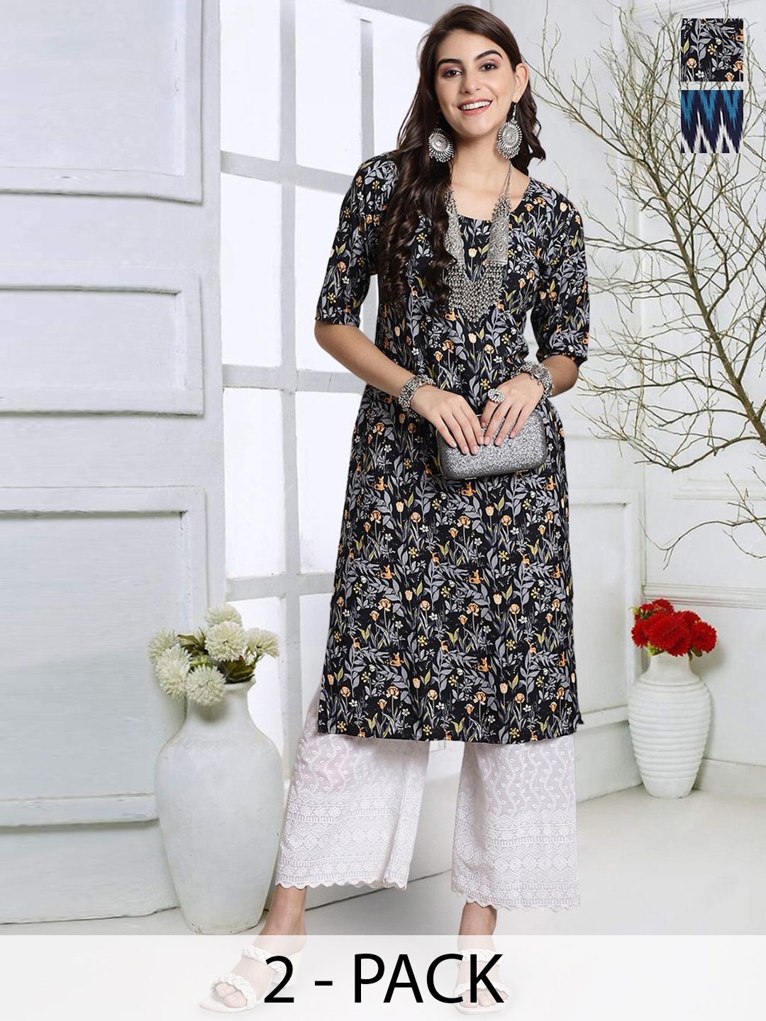 

7Threads Selection Of 2 Floral Printed Round Neck Straight Kurta, Black