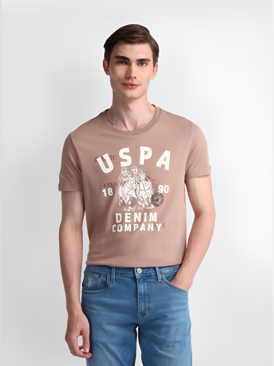 

U.S. Polo Assn. Men Typography Printed Round Neck Cotton Slim Fit T-Shirt, Brown