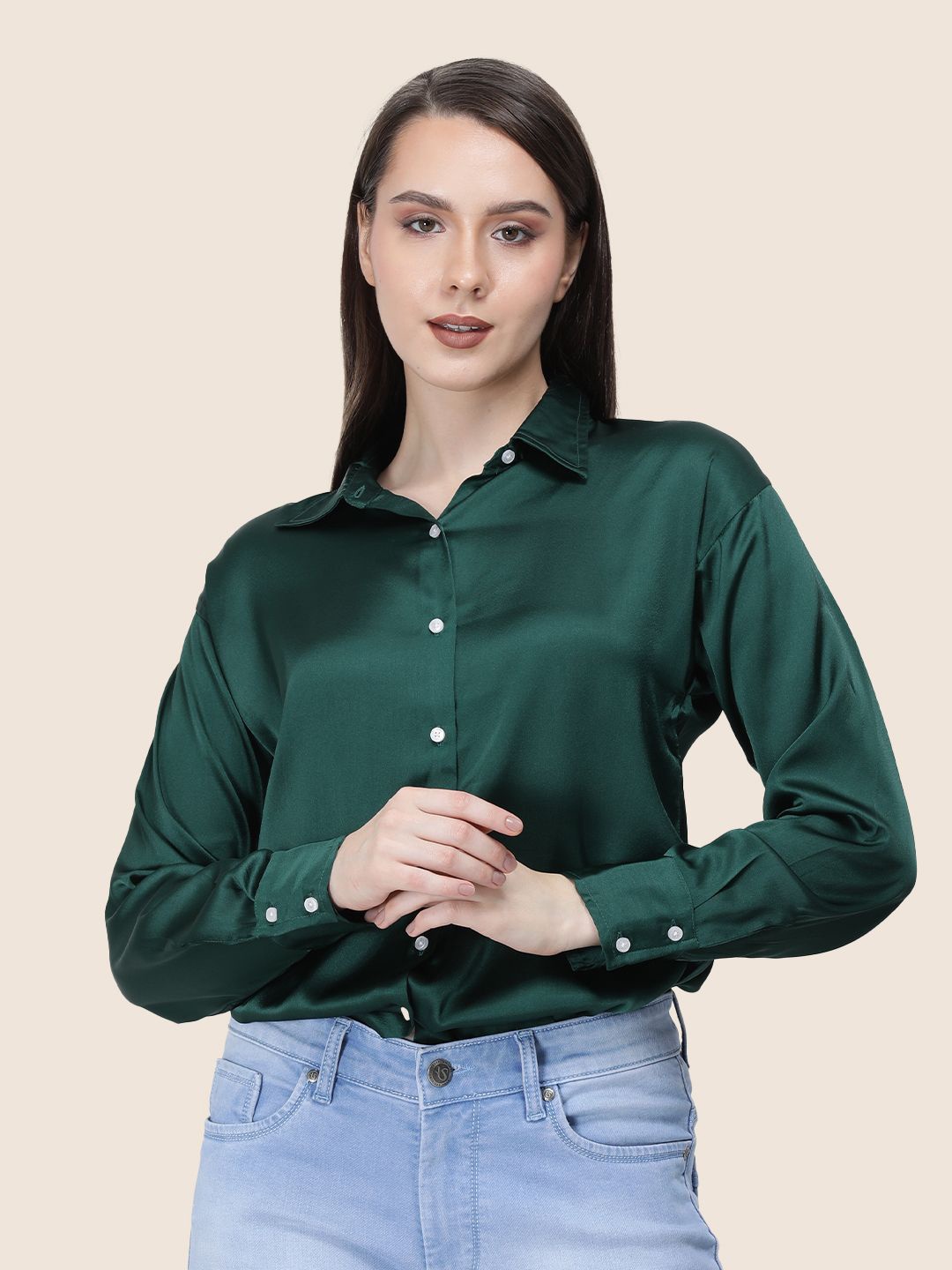 

AMSWAN Women Premium Spread Collar Solid Relaxed Fit Casual Shirt, Green
