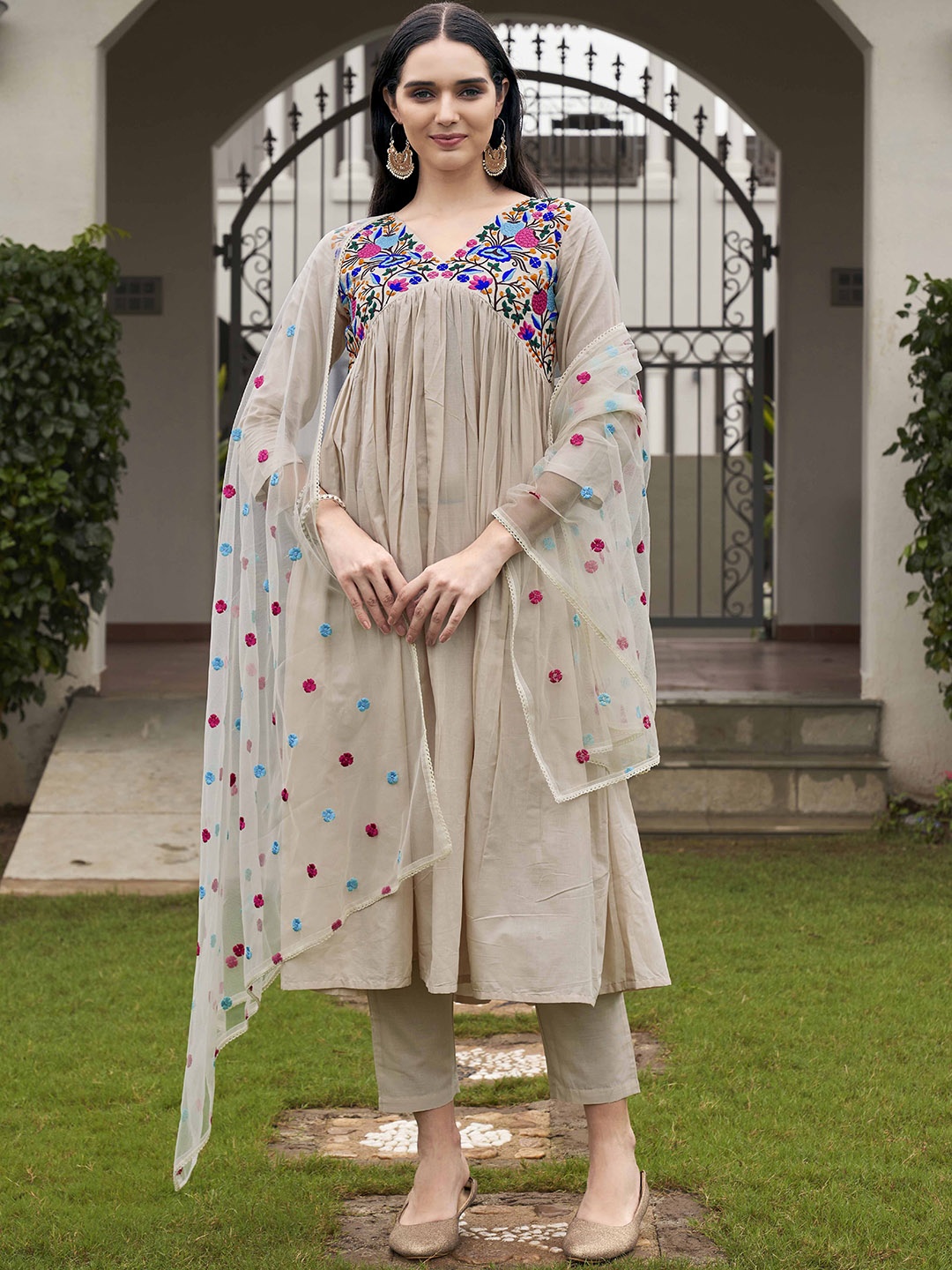 

Tikhi Imli Floral Yoke Design Empire Pure Cotton Kurta With Trousers & Dupatta, Beige