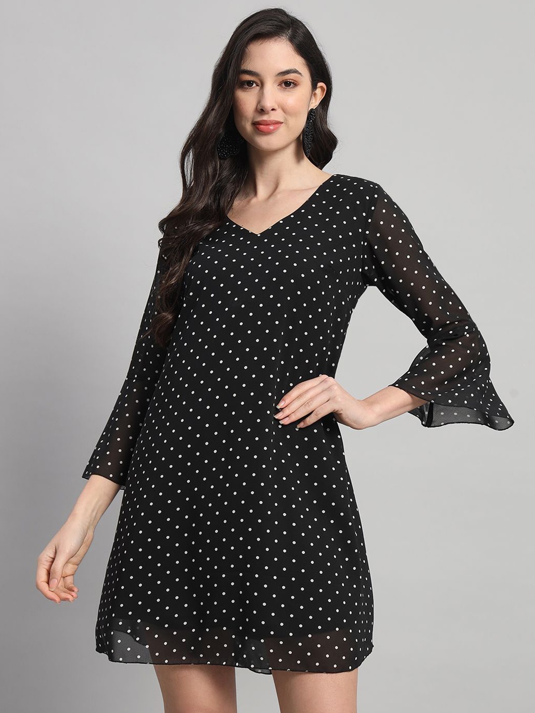 

Curvydrobe Polka Dot Printed Georgette A-Line Mini Dress, Black