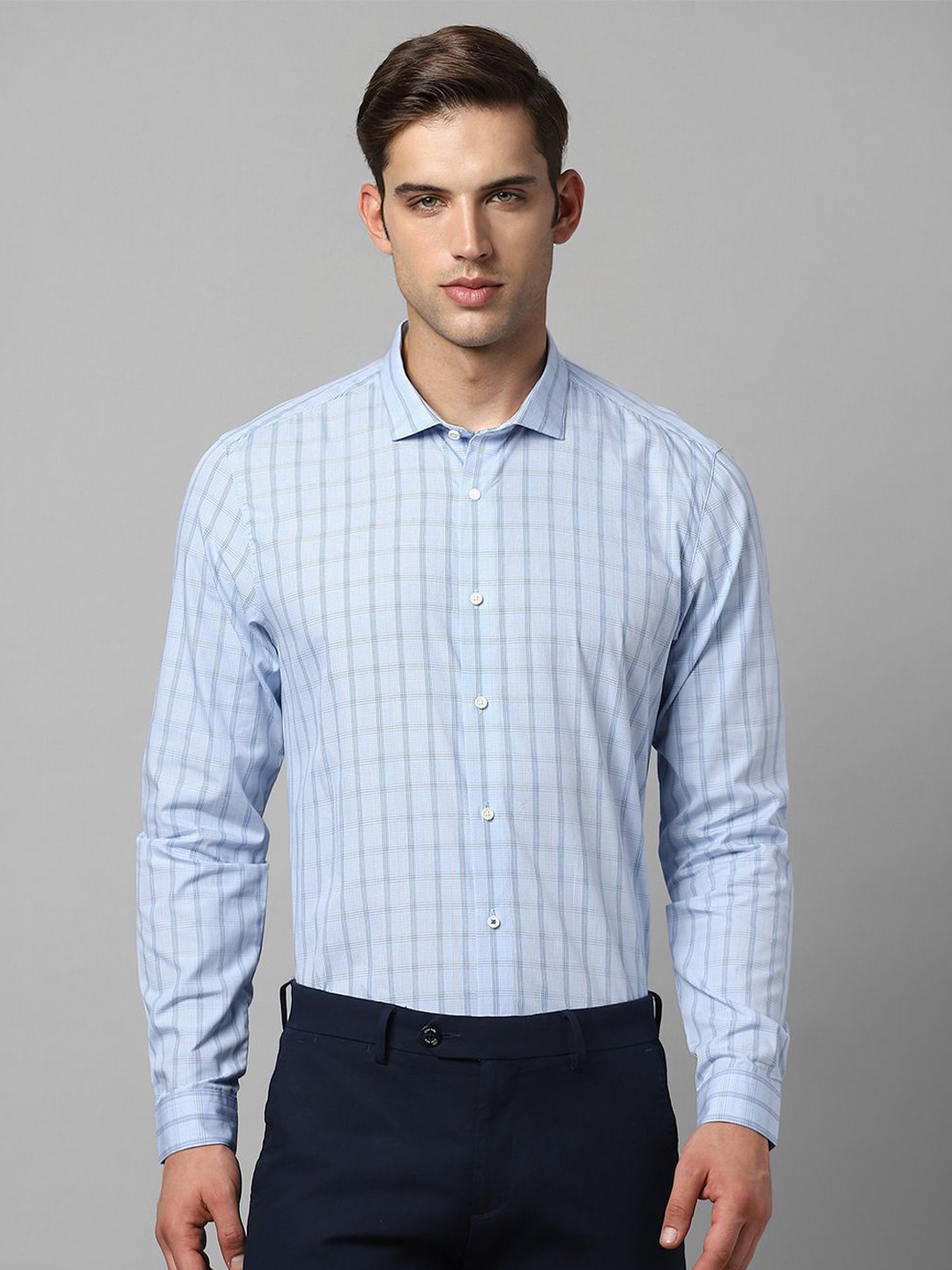 

Louis Philippe Sport Men Spread Collar Tartan Checked Cotton Slim Fit Casual Shirt, Blue