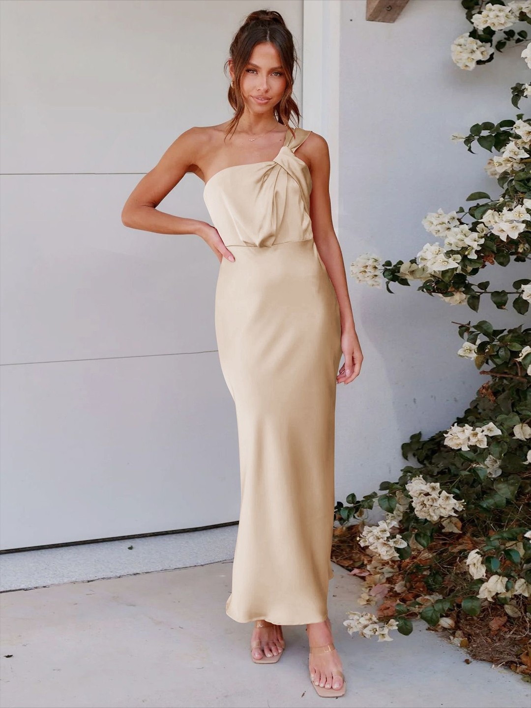 

StyleCast Solid One Shoulder Ready to Wear Sheath Maxi Dress, Beige
