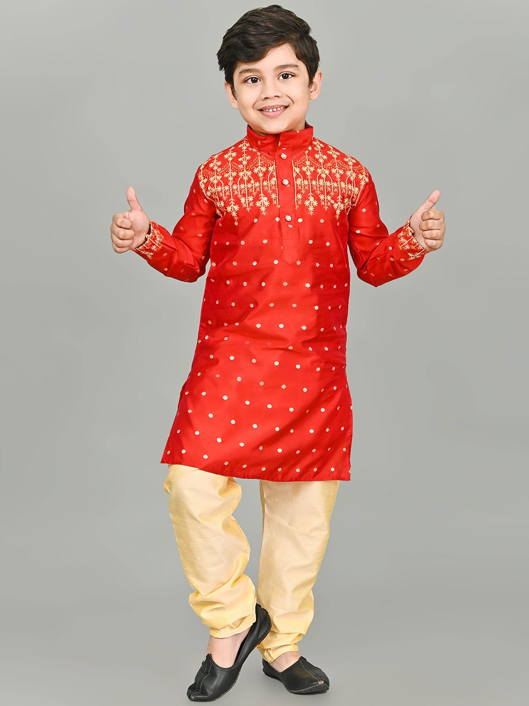 

NFC CREATION Boys Floral Embroidered Mandarin Collar Dupion Silk Kurta with Pyjama, Red