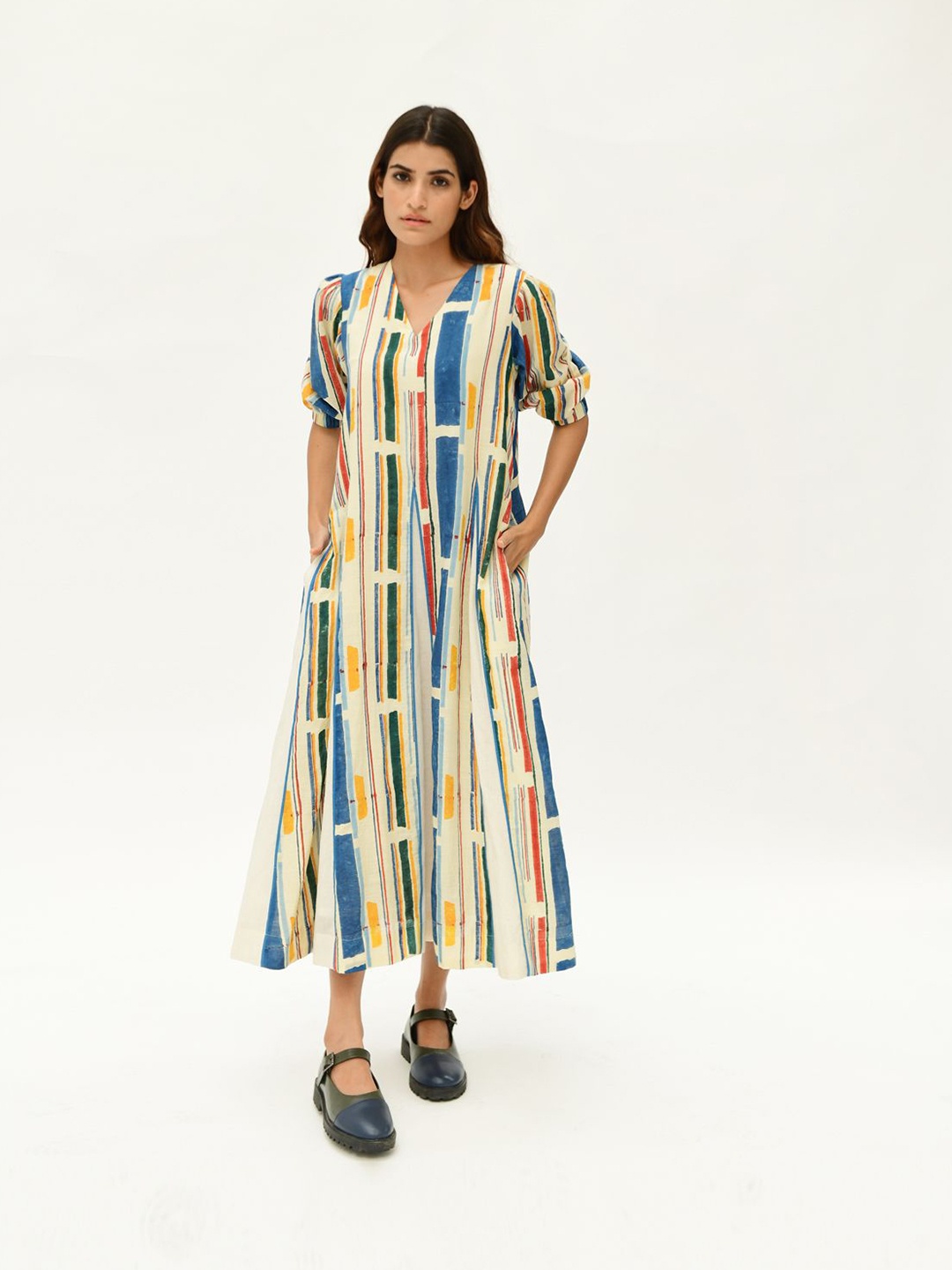 

Rias Jaipur Colourblocked A-Line Midi Dress, White