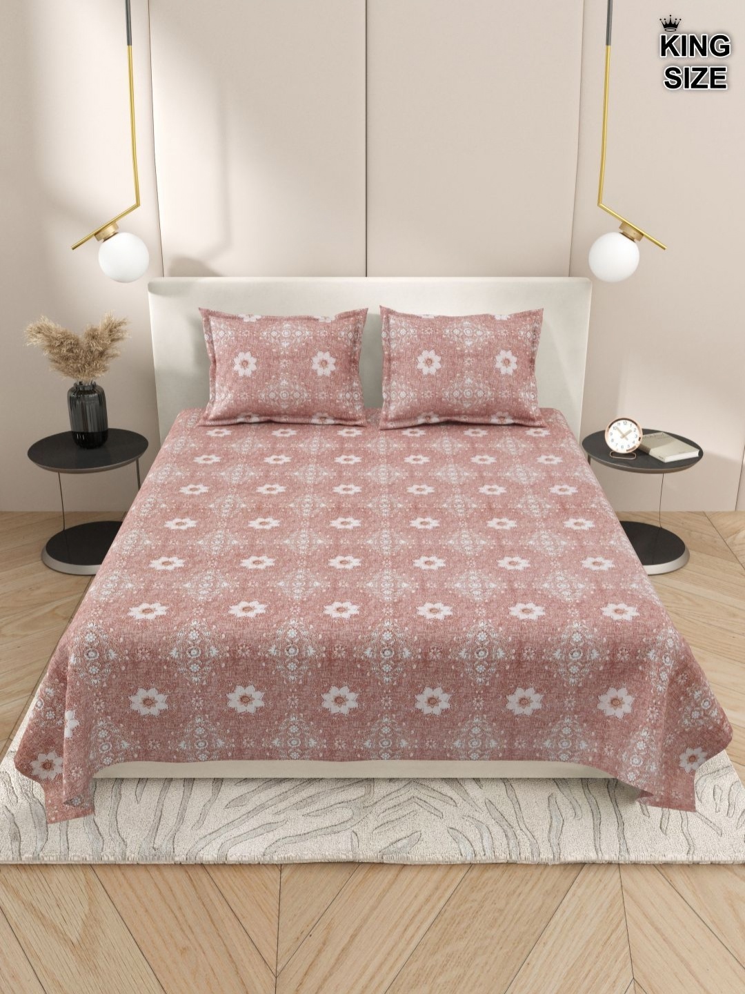 

DREAM WEAVERZ Peach-Coloured & White Floral 220 TC King Bedsheet With 2 Pillow Covers