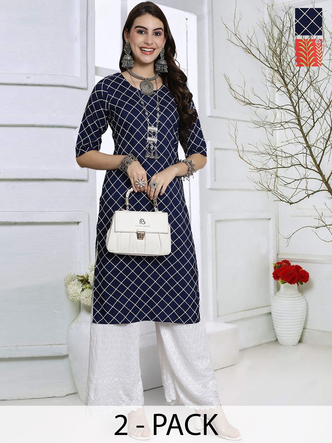 

7Threads Selection Of 2 Geometric Printed Round Neck Straight Kurta, Navy blue