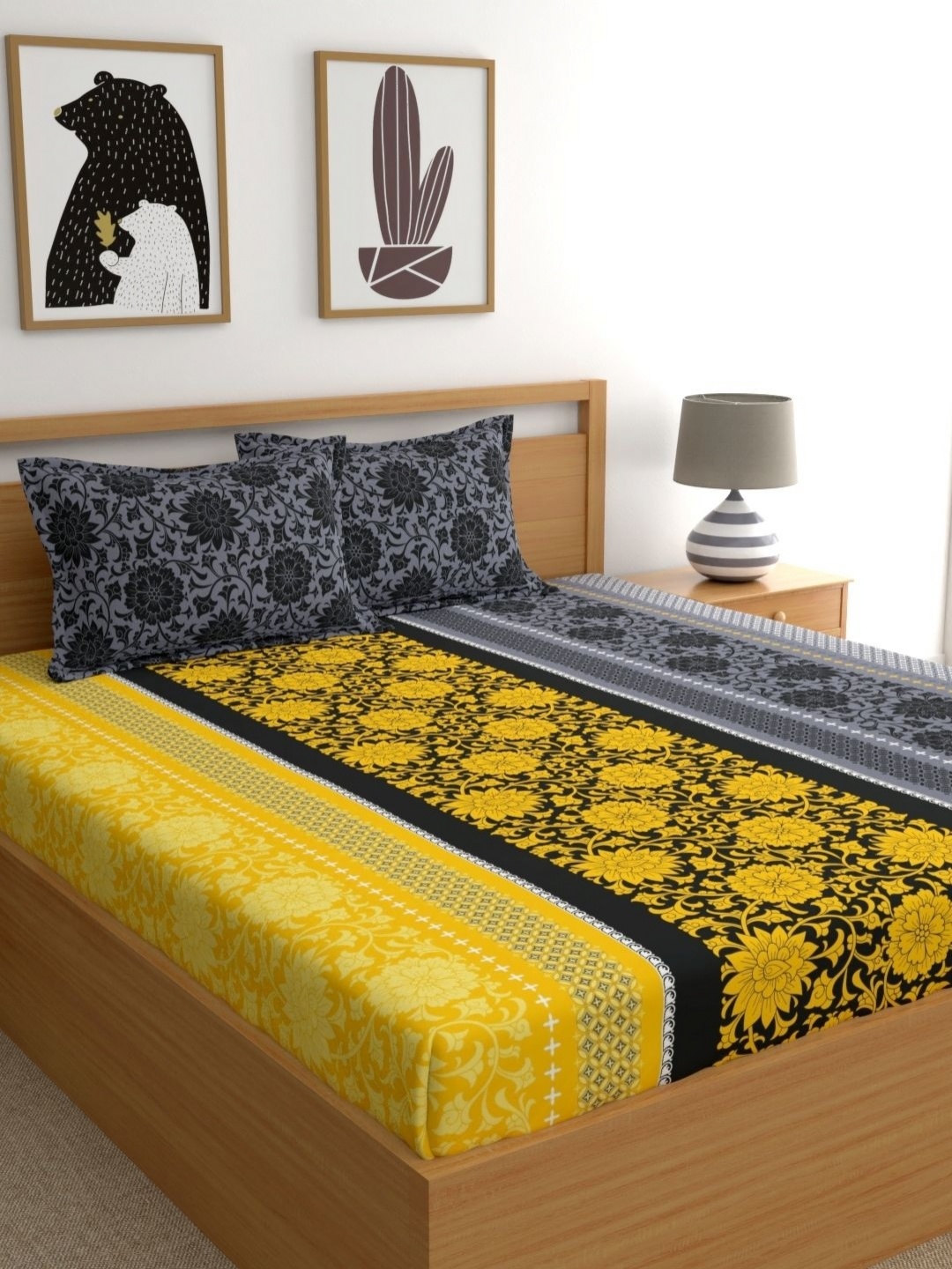 

Dreamscape Yellow & Grey Floral 144 TC Queen Bedsheet With 2 Pillow Covers