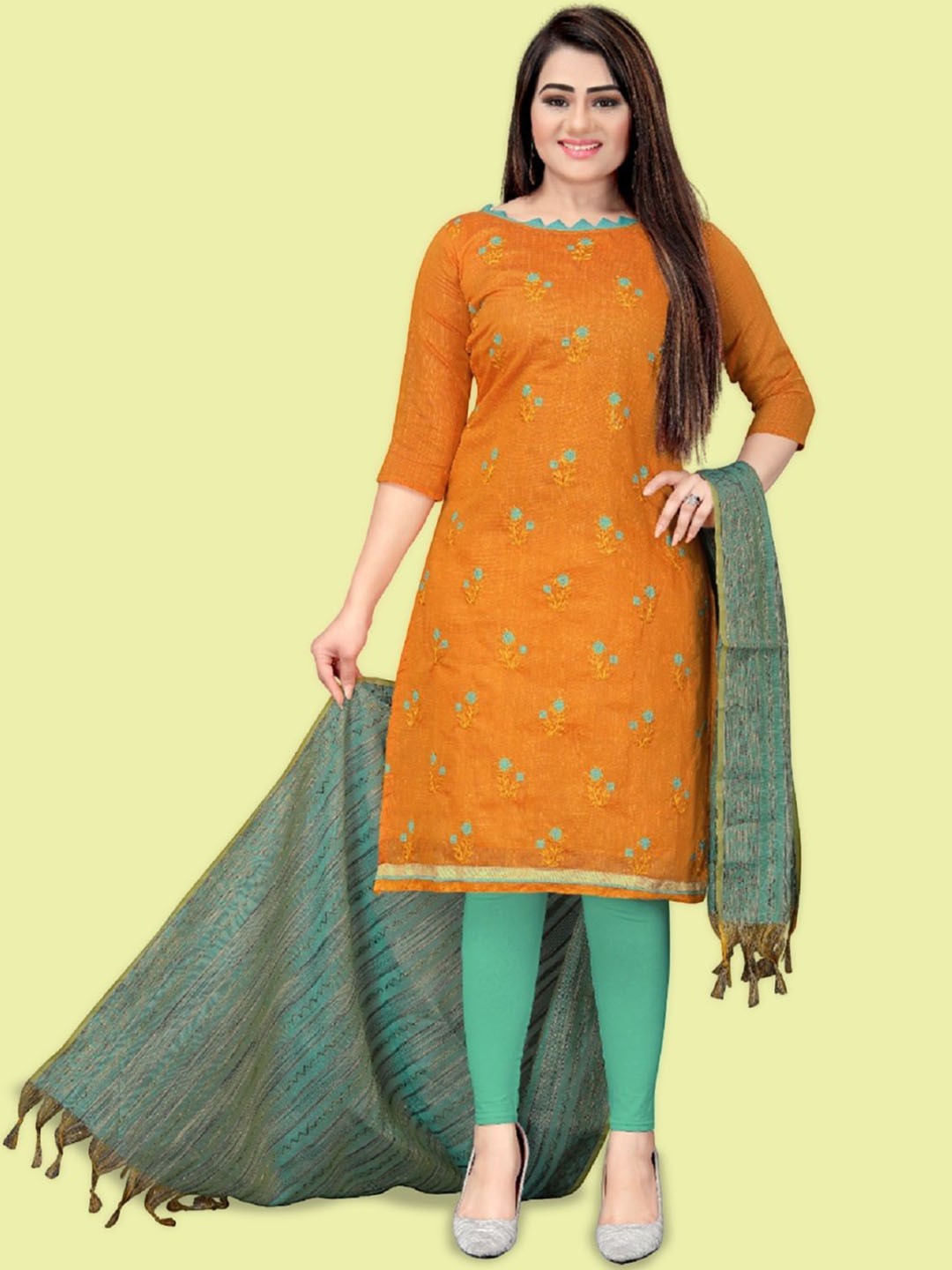 

APNISHA Floral Embroidered Unstitched Dress Material, Orange