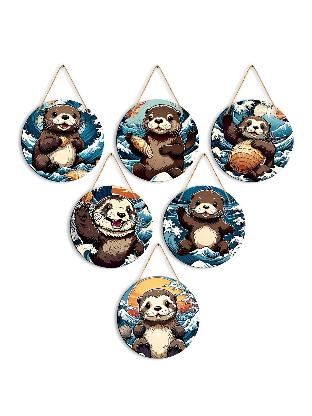 

CLAWCRAFTS Brown & Blue 6 Pieces Animal Printed Wooden Wall Hangings