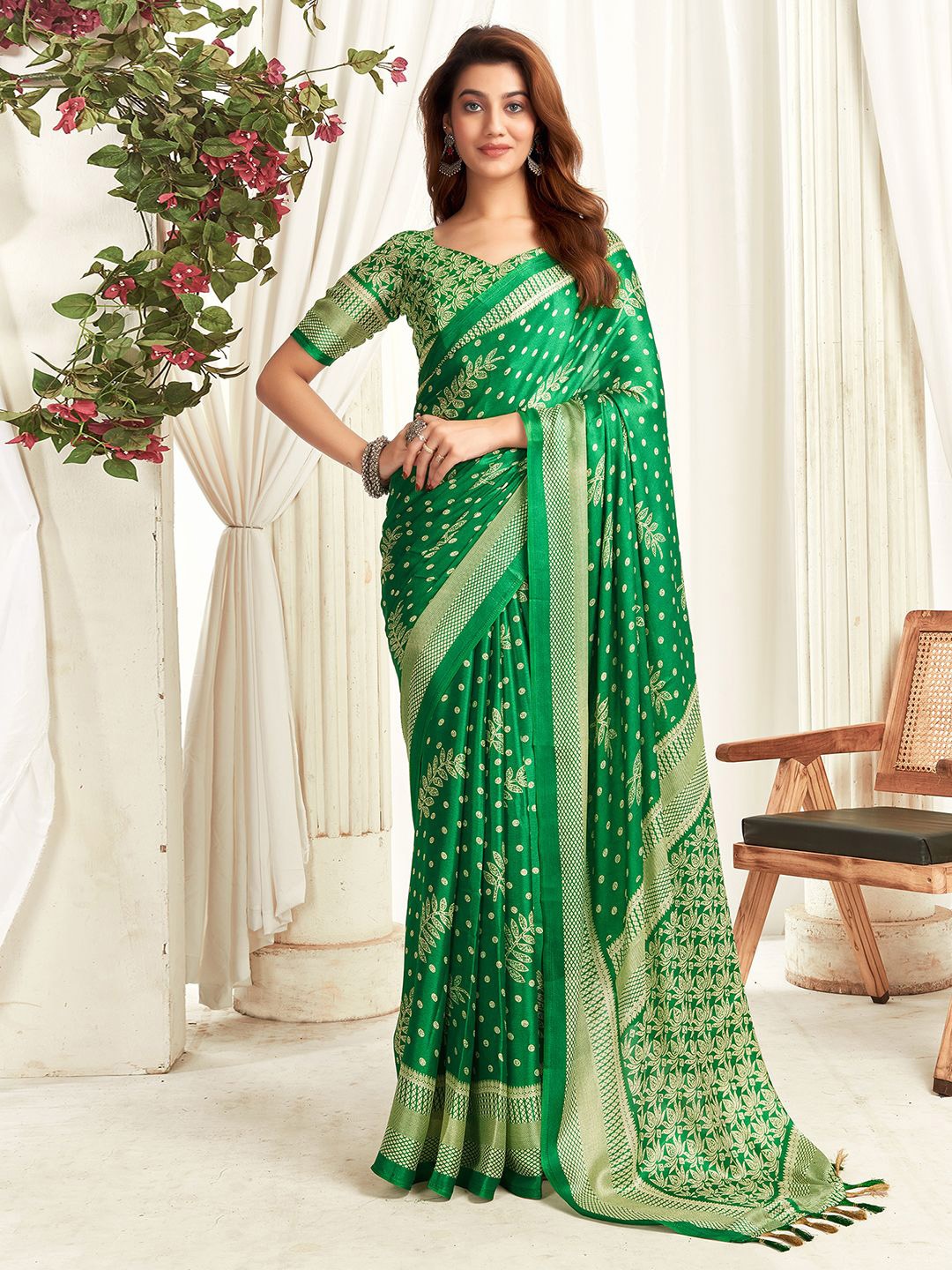 

KALINI Floral Satin Dabu Saree, Green