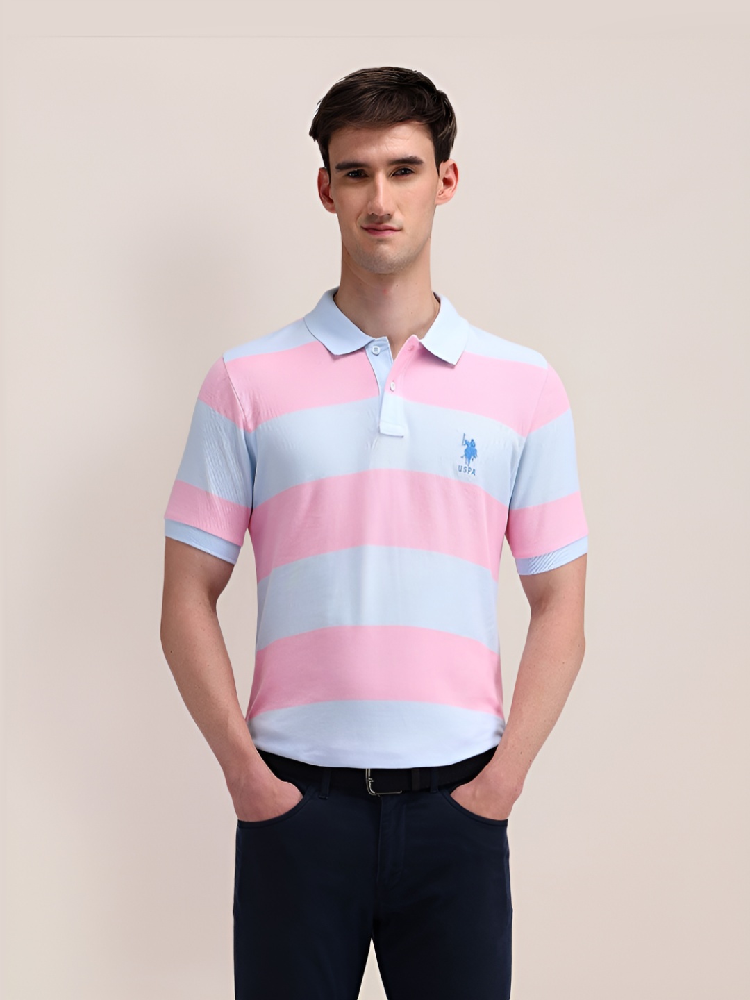 

U.S. Polo Assn. Men Striped Polo Collar Cotton Slim Fit T-Shirt, Blue