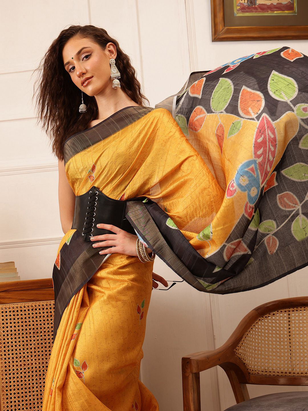 

Silk Land Ethnic motifs Digital Print Saree, Mustard