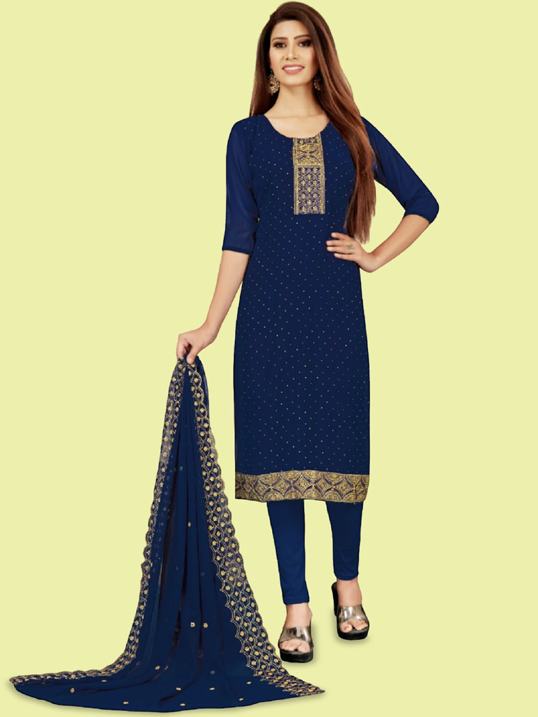 

APNISHA Floral Embroidered Thread Work Silk Georgette Unstitched Dress Material, Navy blue