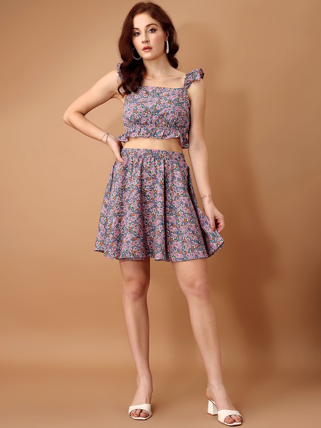

Murcia Floral Printed Sleeveless Top With Skirt, Purple
