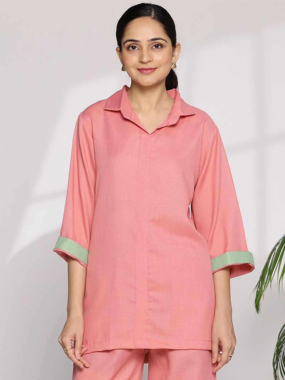 

LetsDressUp Women Solid Shirt Collar Pure Cotton Top, Rose gold