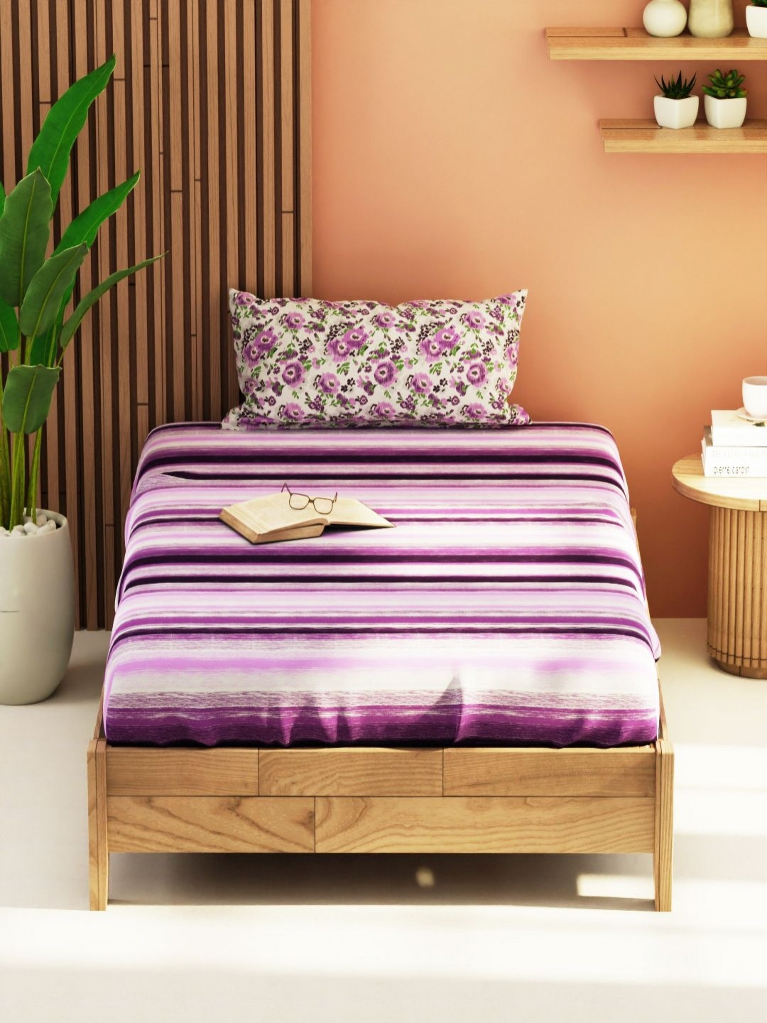 

KOPA Purple & White Striped 152 TC Single Bedsheet with 1 Pillow Covers