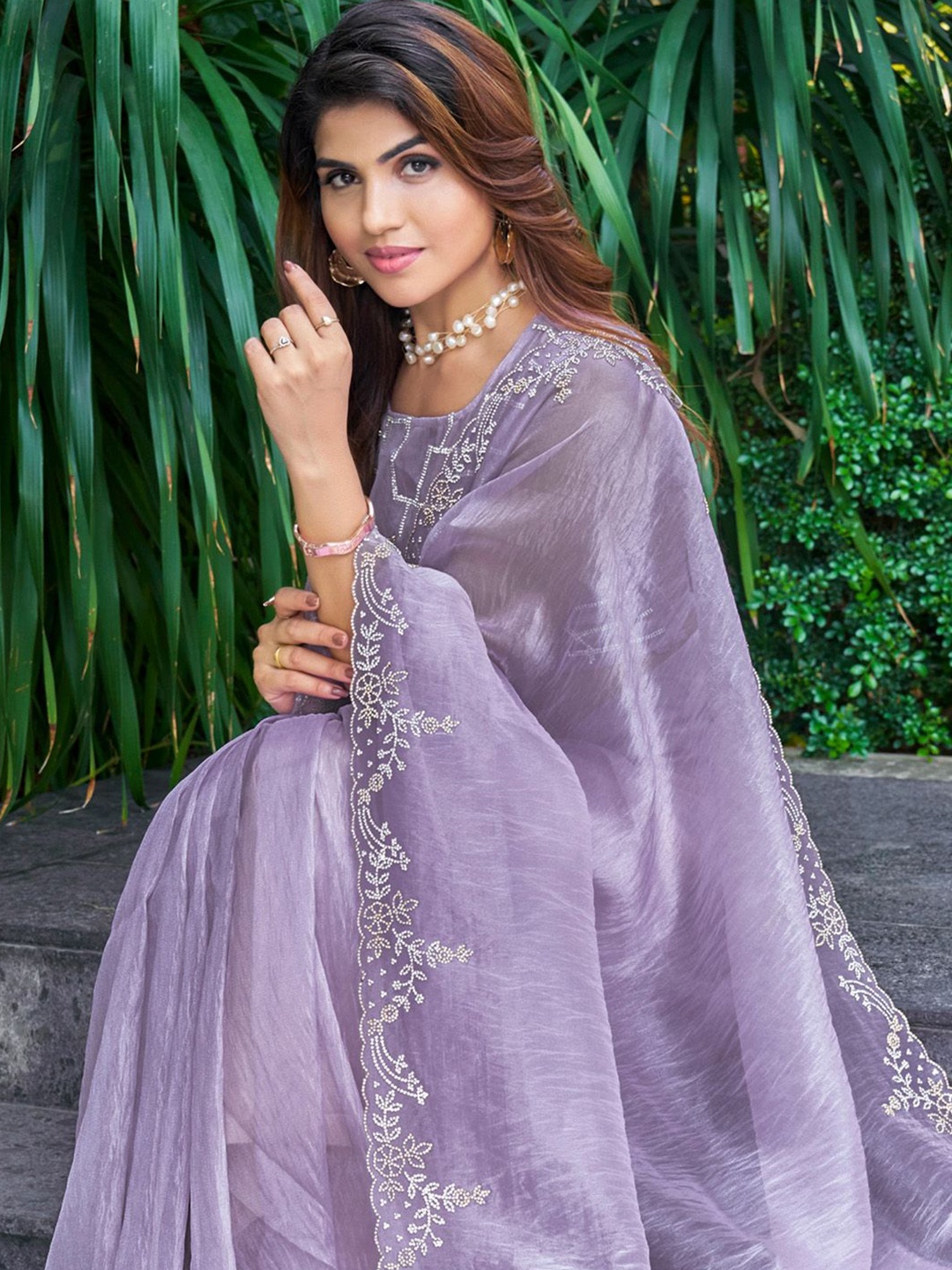

Anouk Embellished Beads and Stones Organza Saree, Lavender