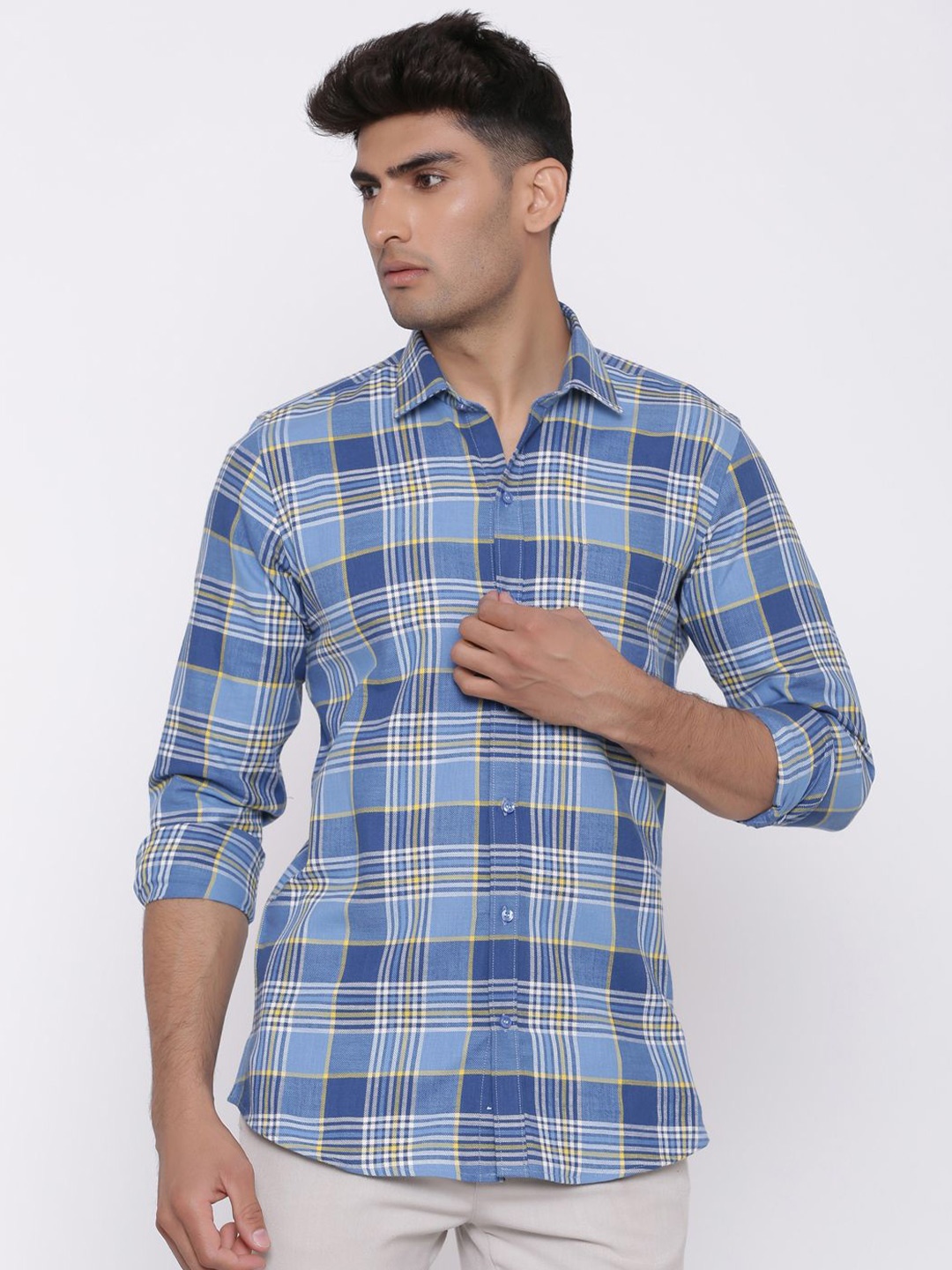 

Tistabene Men Standard Spread Collar Tartan Checked Cotton Casual Shirt, Blue