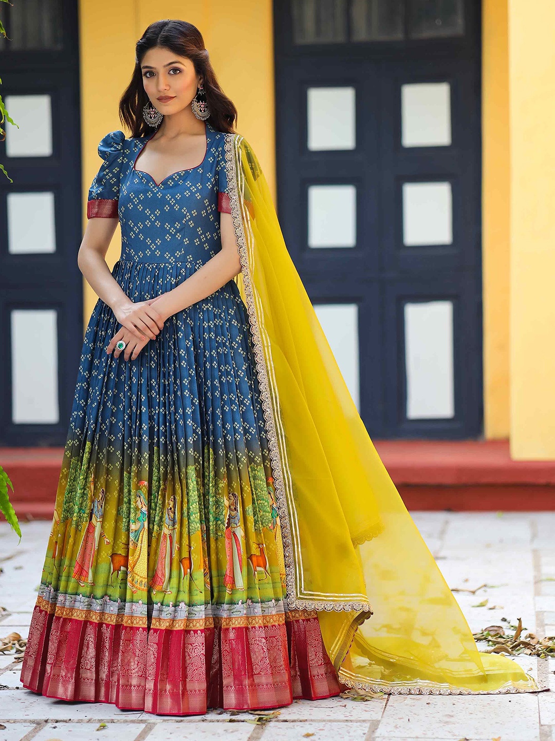

Bullion Knot Puff Sleeve Fit & Flare Maxi Dress, Blue