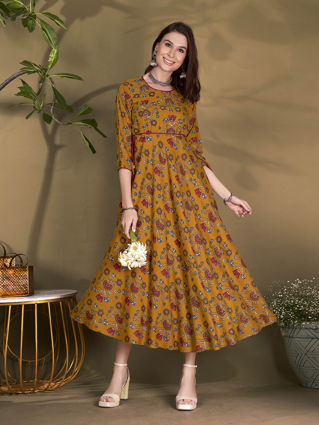 

Anouk Floral Printed Ready to Wear A-Line Maxi Dress, Yellow