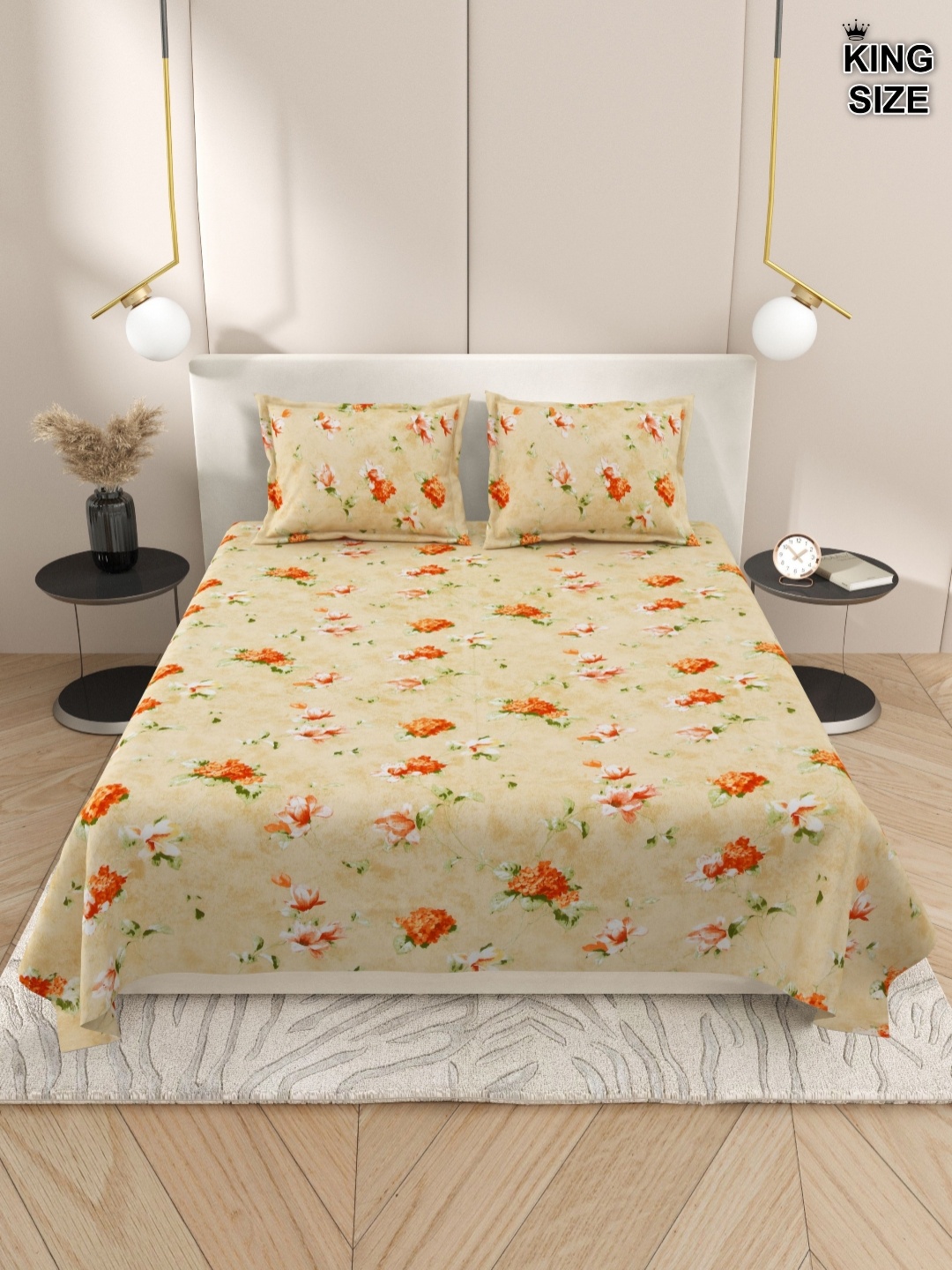 

DREAM WEAVERZ Yellow & Orange Floral 220 TC King Bedsheet With 2 Pillow Covers