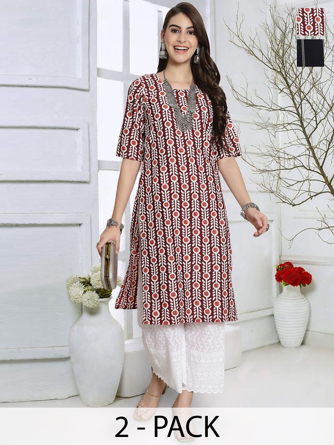 

7Threads Selection Of 2 Floral Printed Round Neck Straight Kurta, Brown