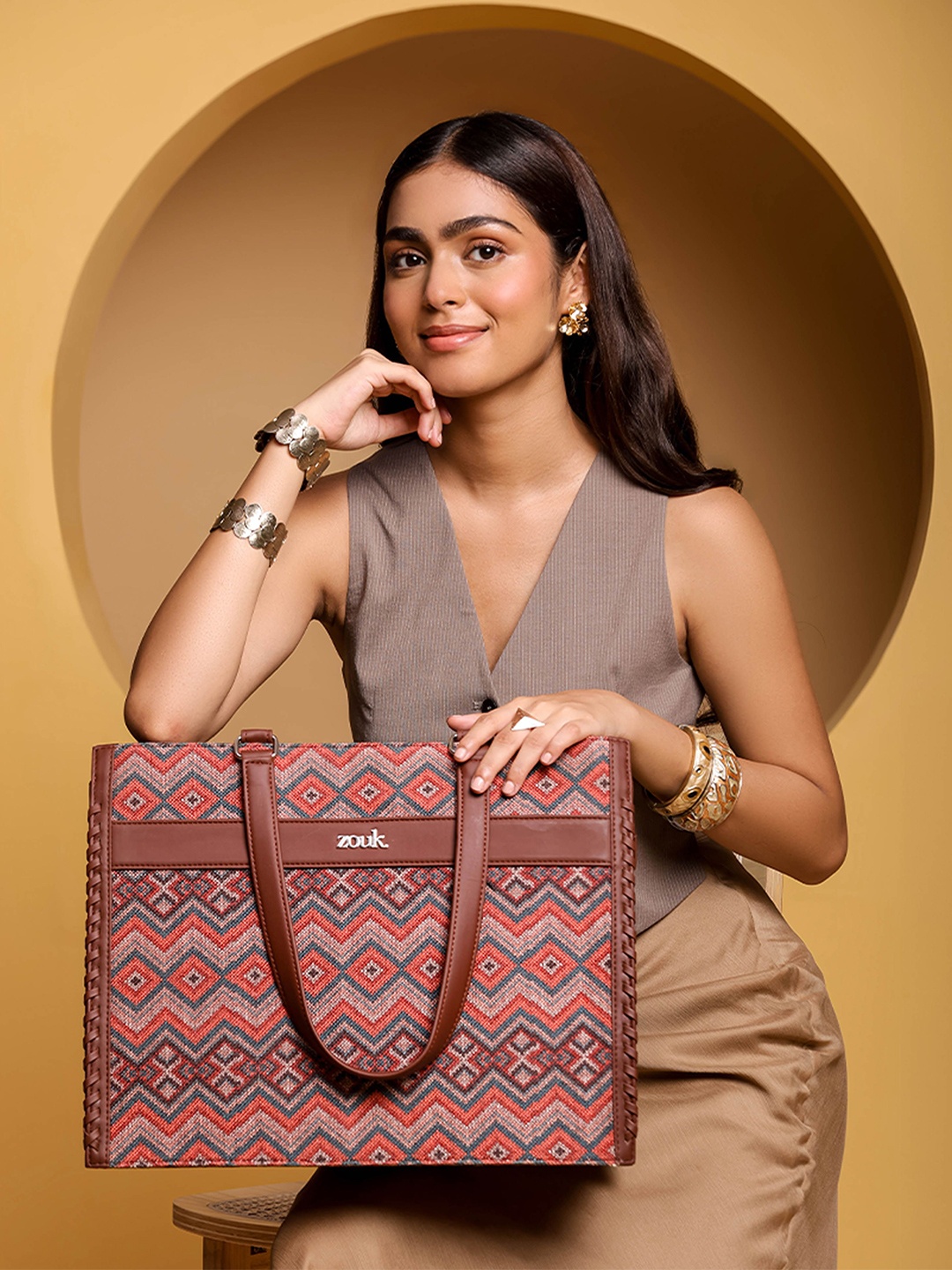 

ZOUK Printed Structured Tote Bag, Multi