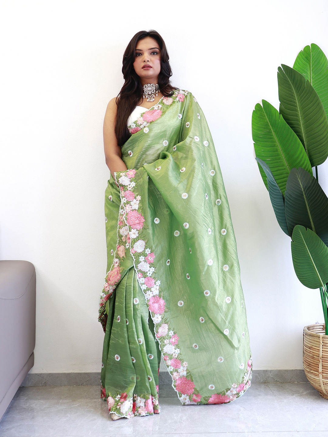 

Anouk Floral Embroidered Silk Blend Saree, Green