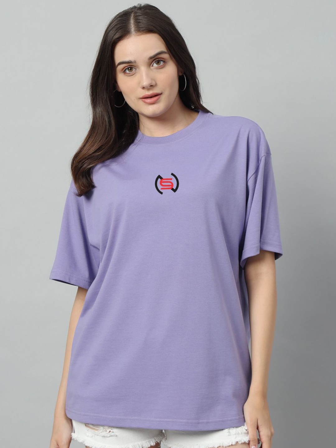 

SWAGNOX Women Typography Printed Round Neck Cotton Oversized T-Shirt, Purple