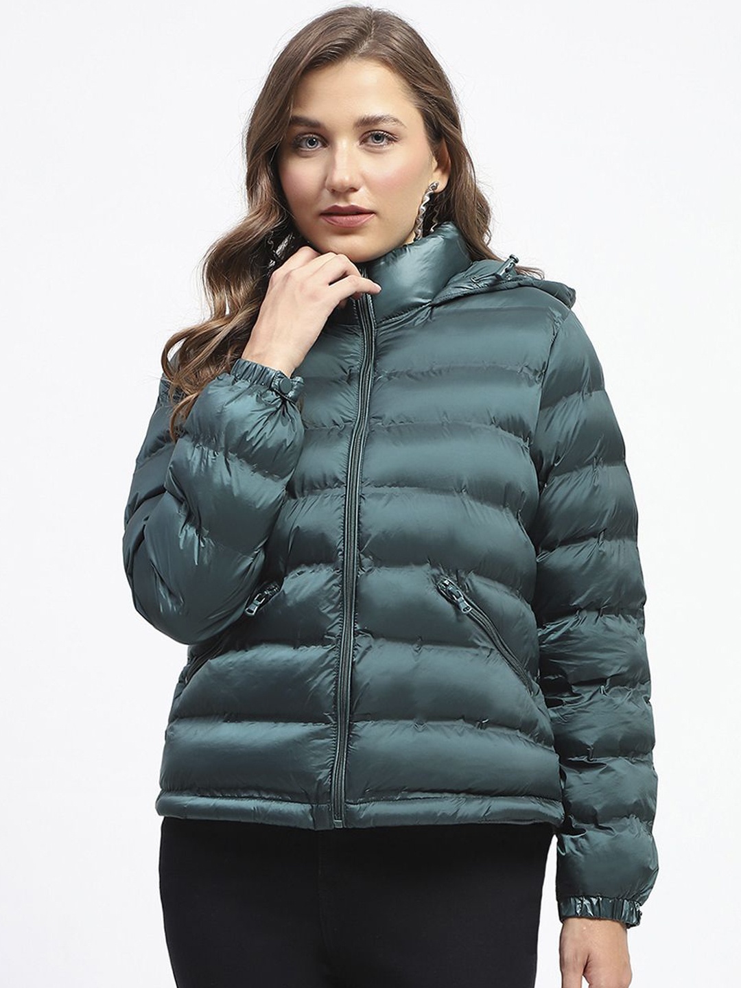 

Madame Women Solid Padded Hooded Jacket, Green