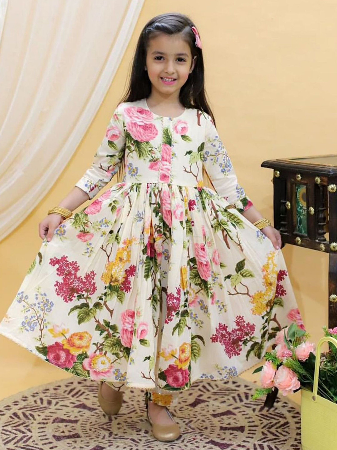 

BAESD Girl Floral Printed Embroidered Georgette Above Knee A-Line Dress, White