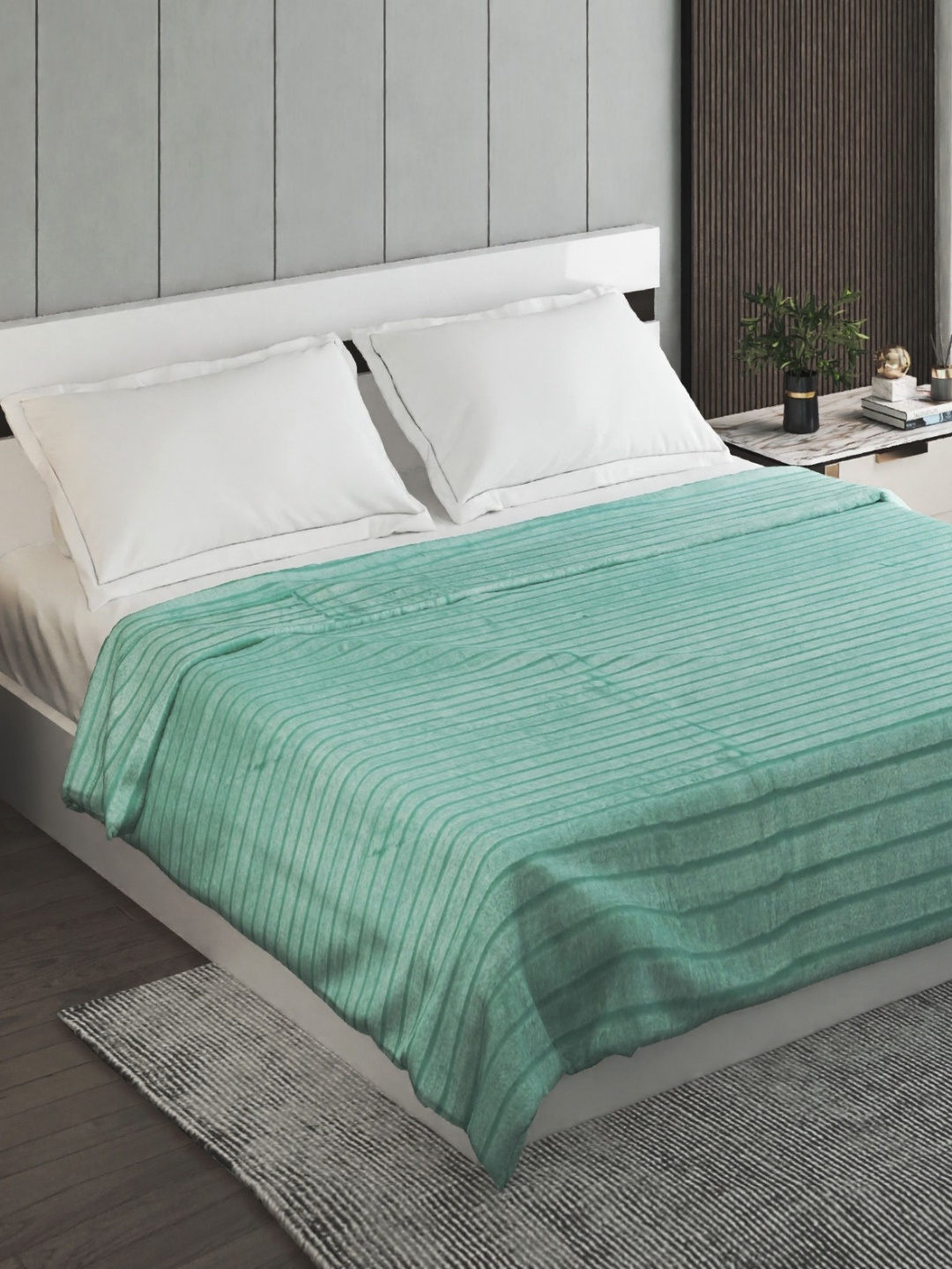 

Home Centre Rhapsody Green Striped 150 GSM Mild Winter Double Bed Blanket