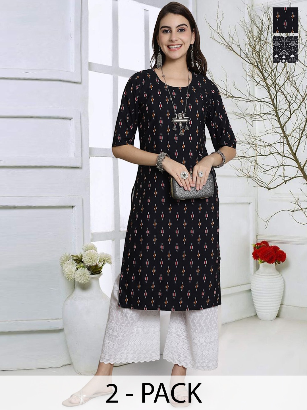 

7Threads Selection Of 2 Floral Printed Round Neck Straight Kurtas, Black