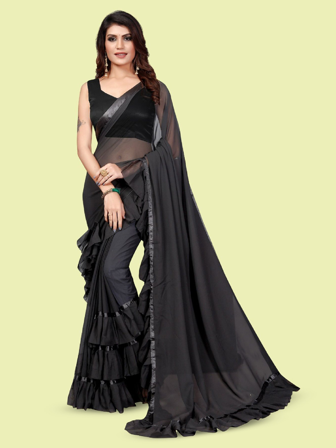 

Aika Pure Georgette Ruffled Black Saree